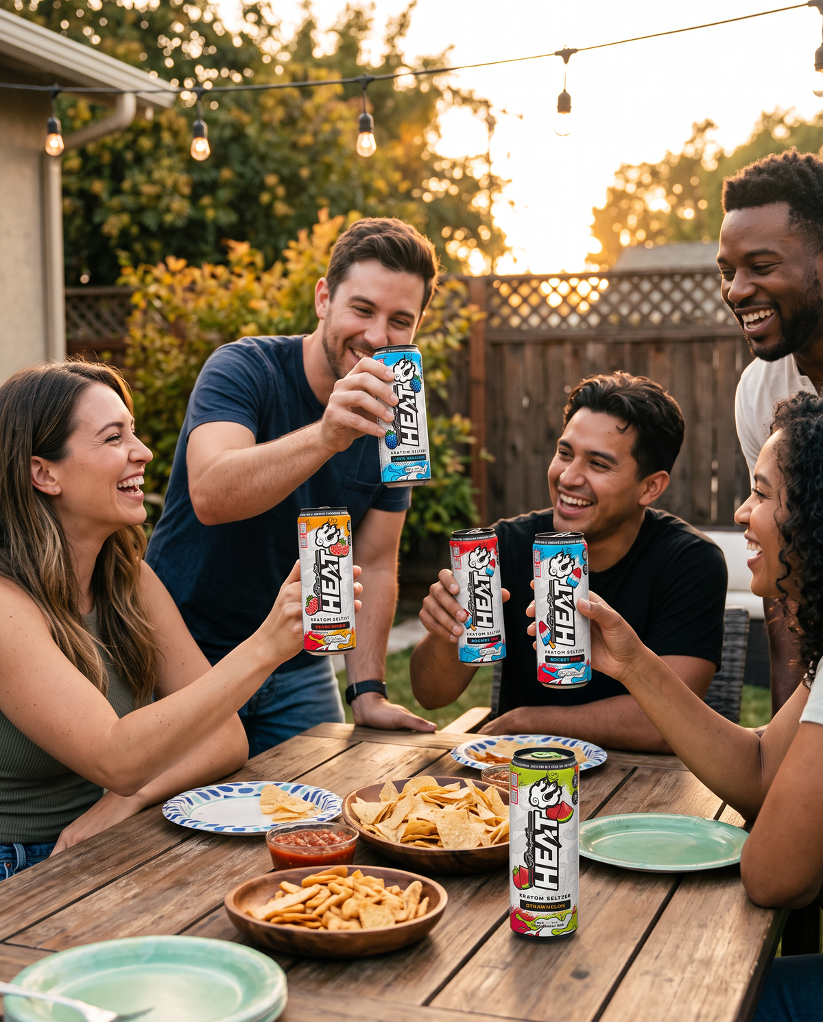 Friends sharing HEAT kratom seltzers around a backyard table at sunset