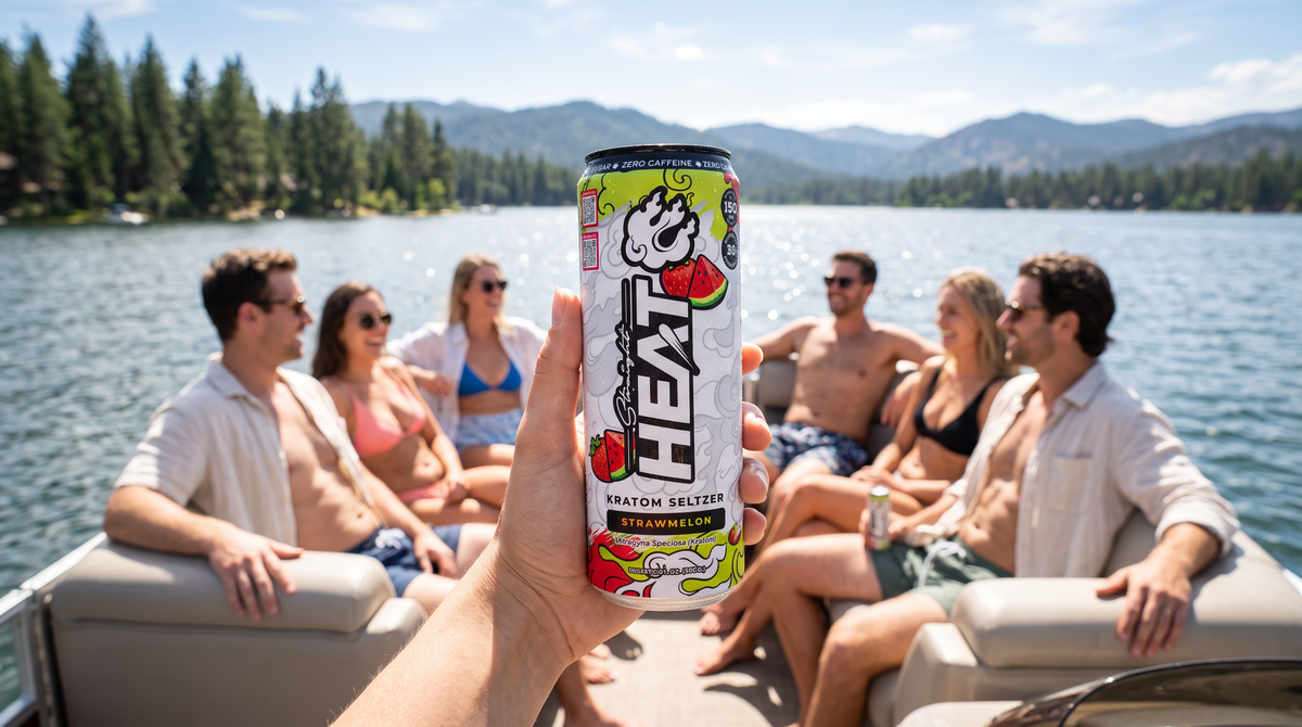 Friends on a lake boat with a StraightHeat Strawmelon kratom seltzer