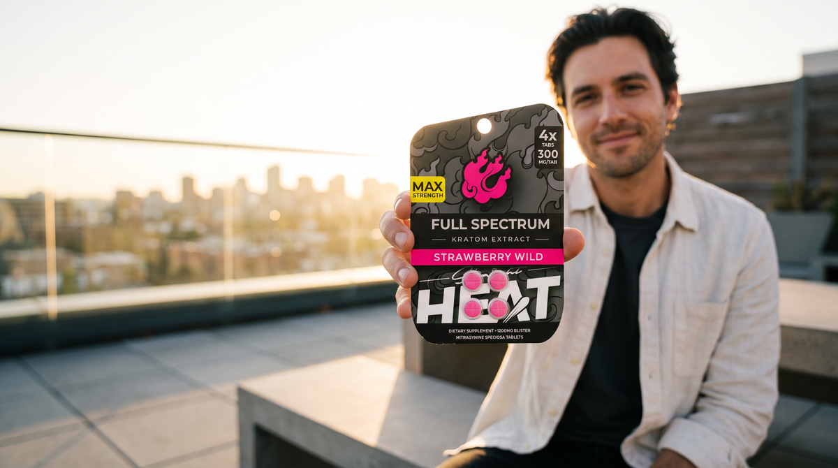 Man on a rooftop at golden hour holding up a StraightHeat Strawberry Wild Full Spectrum blister pack