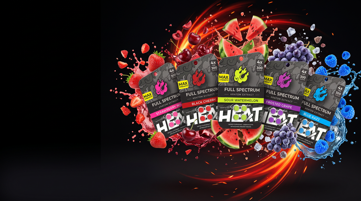 All five HEAT Full Spectrum tablet flavors with their fruit