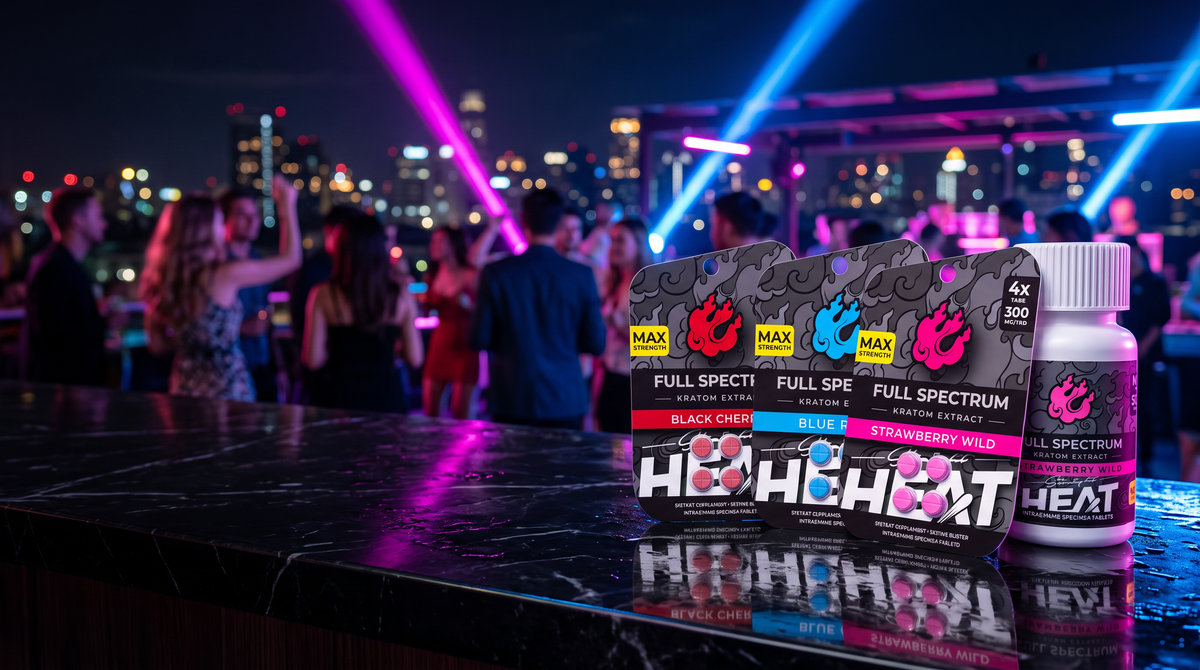 HEAT Full Spectrum tablet cards and bottle on a bar at a rooftop night party