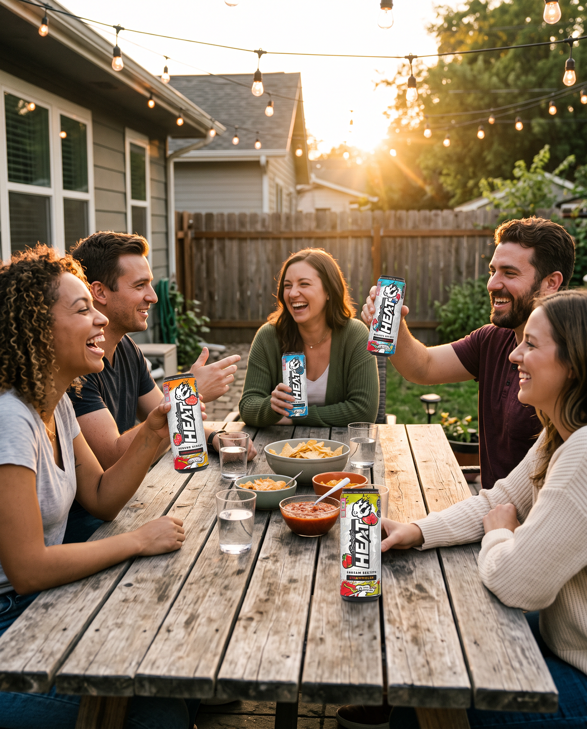 Friends laughing over HEAT kratom seltzers at a backyard table
