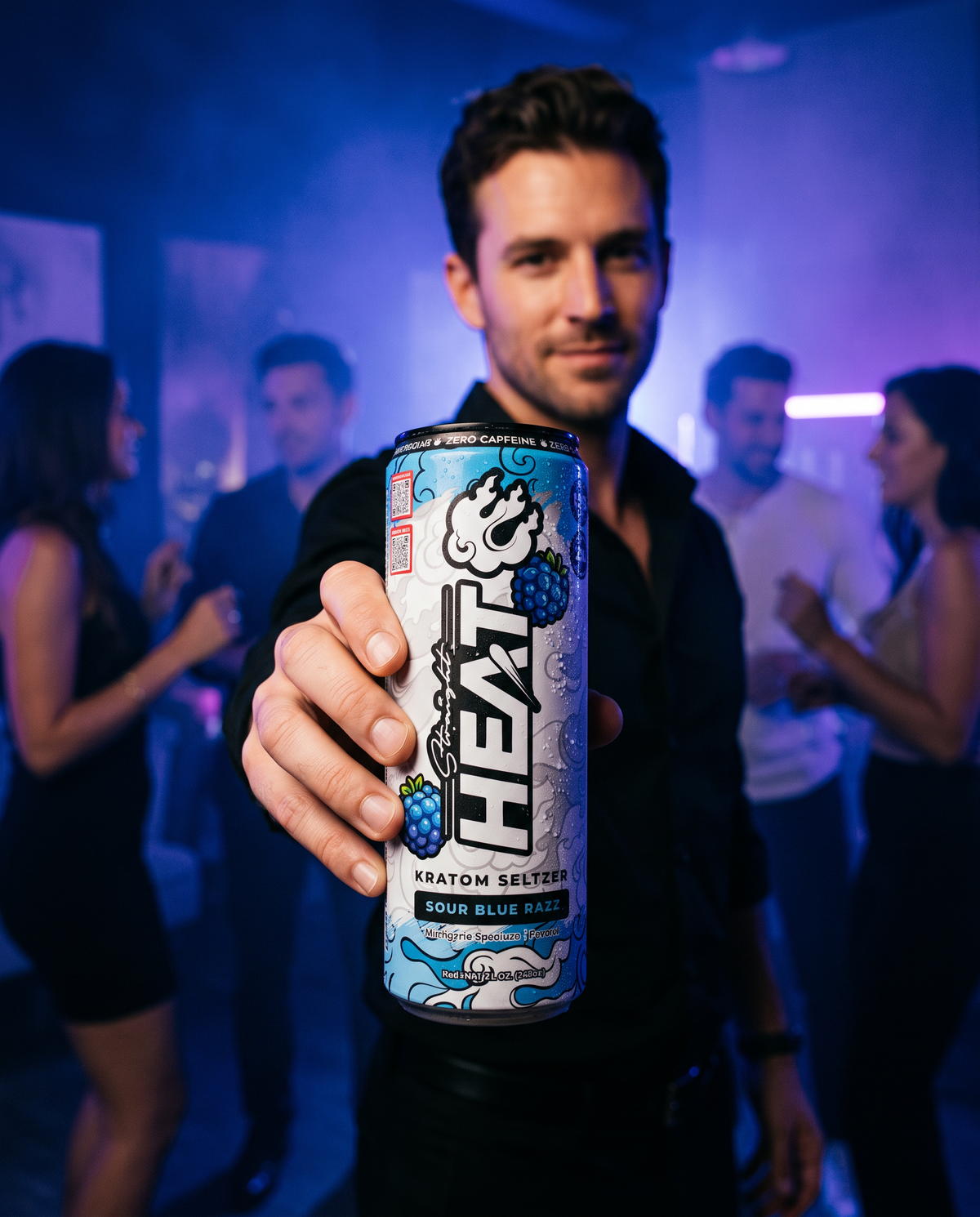 Man in a club holding a StraightHeat Sour Blue Razz kratom seltzer