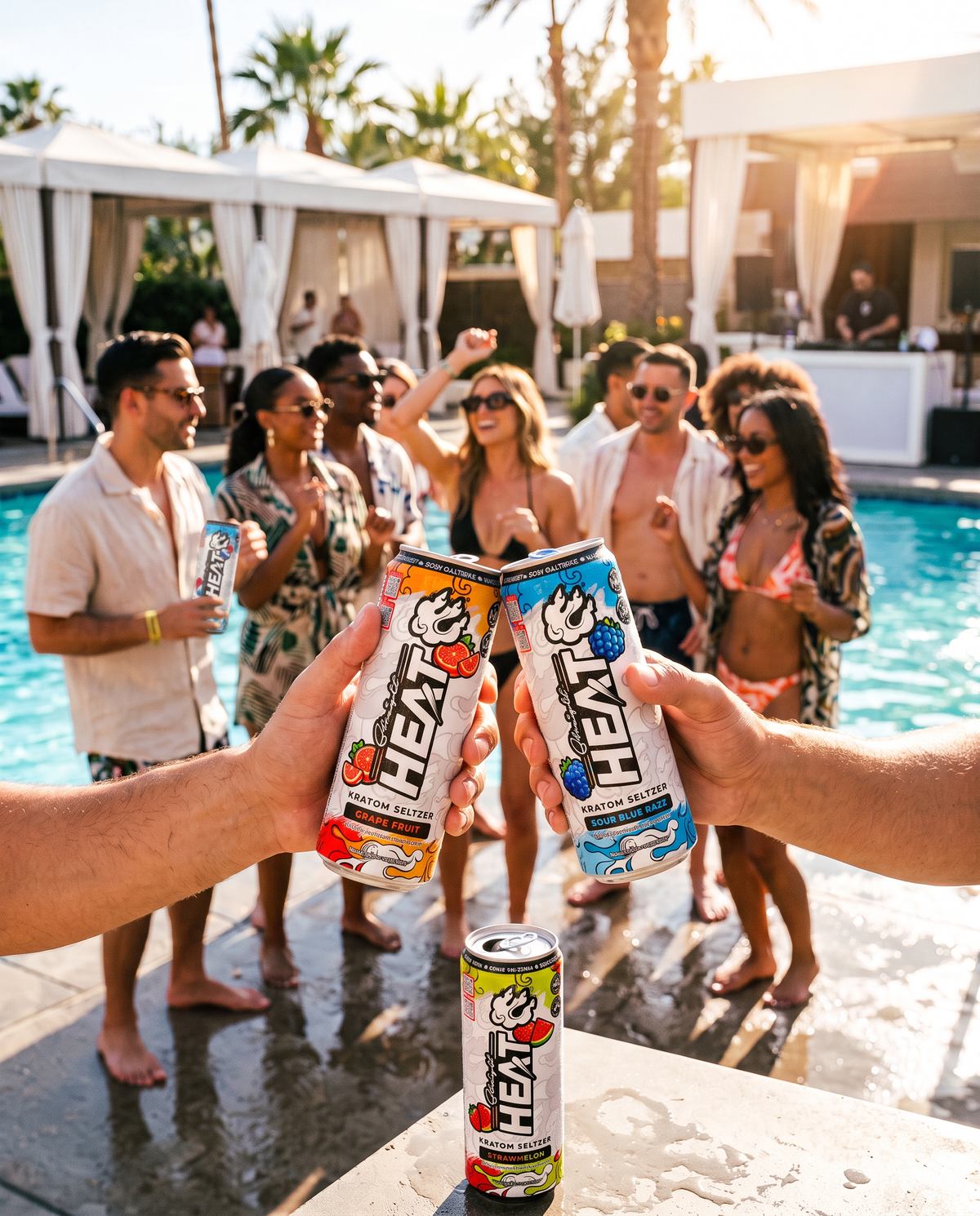 Friends toasting with HEAT kratom seltzers at a pool day club