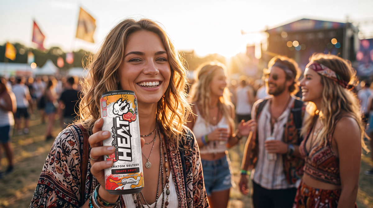Friends at a summer music festival holding a StraightHeat Grapefruit kratom seltzer