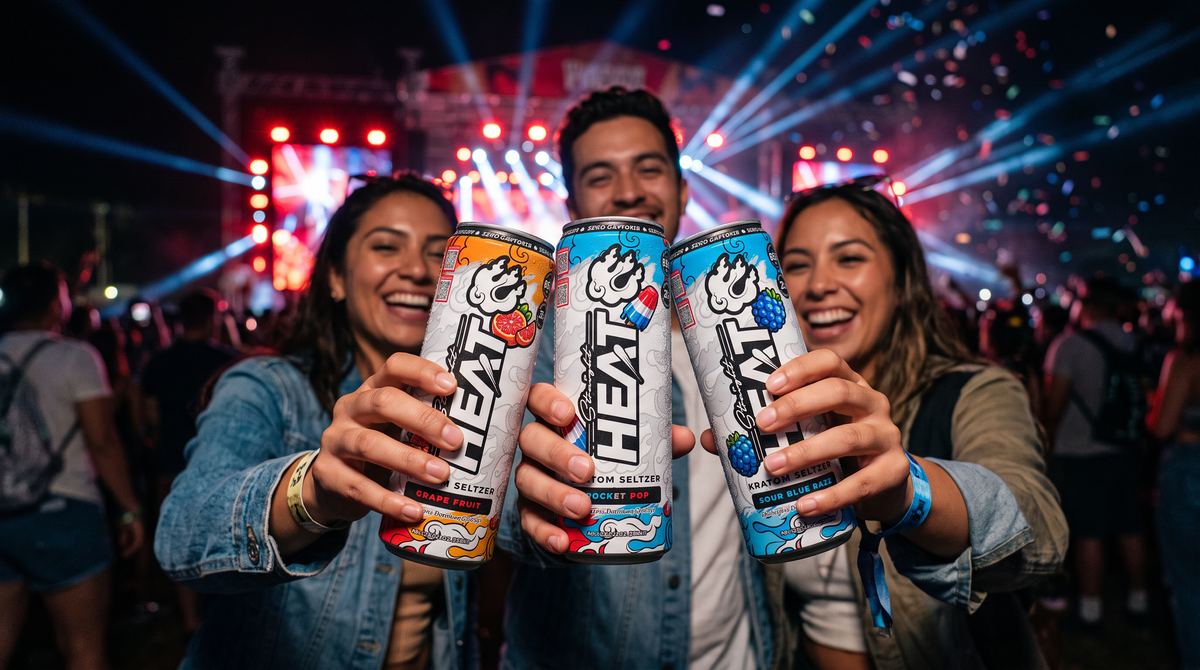 Three friends toasting StraightHeat seltzer cans in front of a festival stage at night