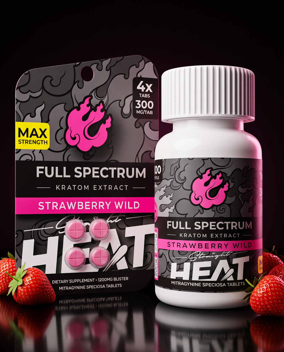 Strawberry Wild 4-tablet card next to the 10-count bottle
